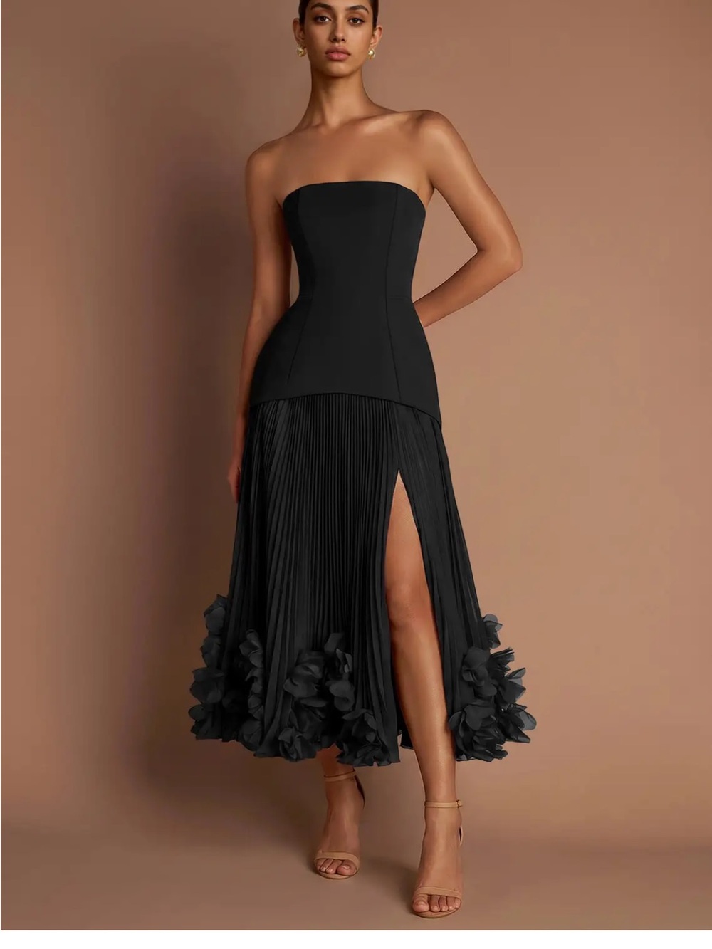 Azazie Strapless Black Pleated Midi Dress with Floral Trim